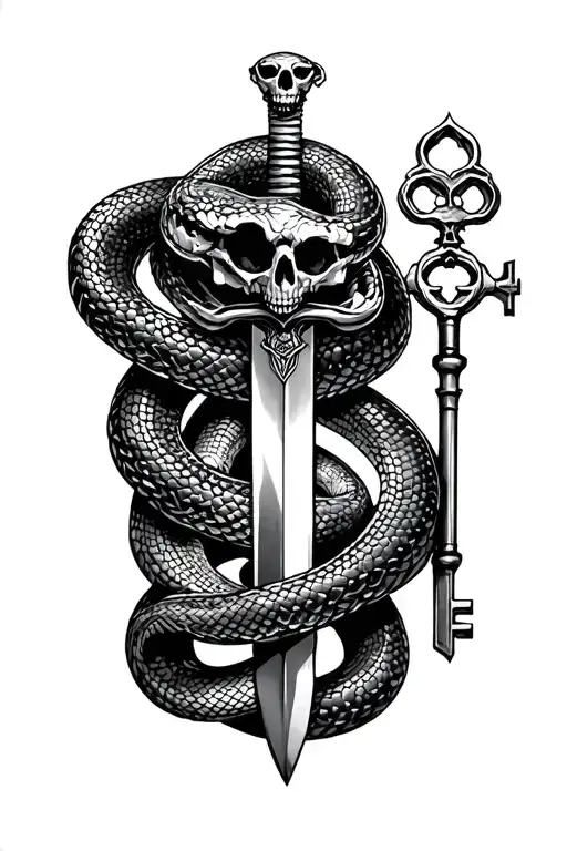 snake wrapped around a dagger with skeleton key tattoo design idea