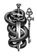 snake wrapped around a dagger with skeleton key tattoo design idea