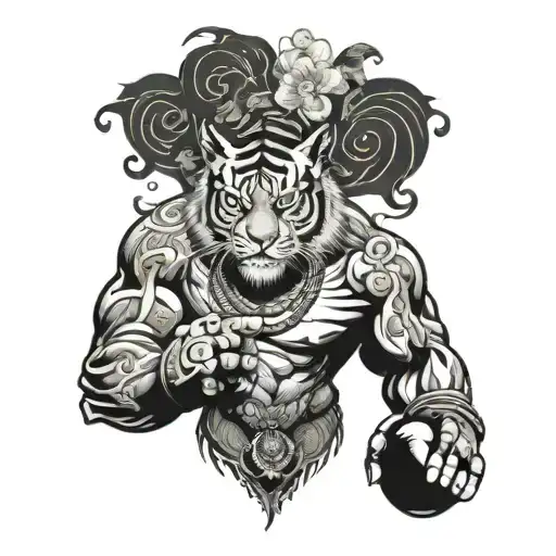 the mix between a tiger and a tattooed Thai boxer tattoo design idea