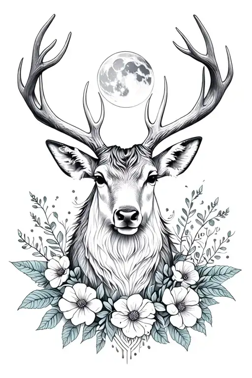 Hirsch with moon in the antlers and flowers mystical tattoo dotwork tattoo design idea