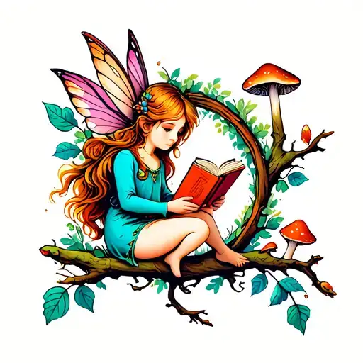 A small fairy sitting on a branch bent in a circle, a bright book in his hands, mushrooms and leaves has tattoo design idea