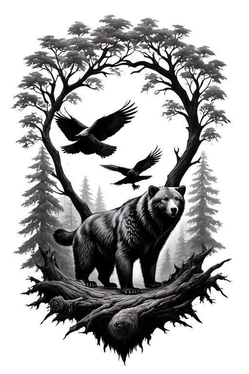 tree of life with bear and wolf and raven flying tattoo design idea