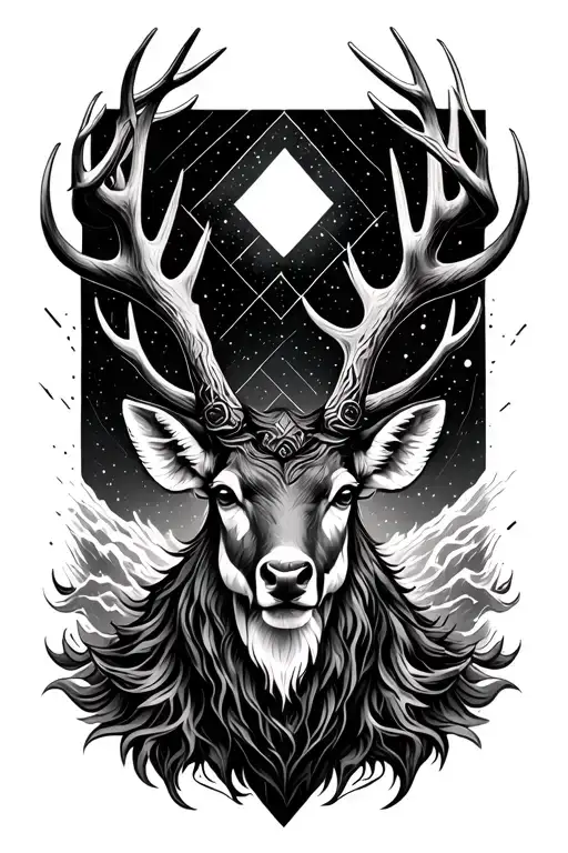 realist front-facing stag god up to waist, anxiety, waves and cosmos elements, geometrical shape above and behind tattoo design idea