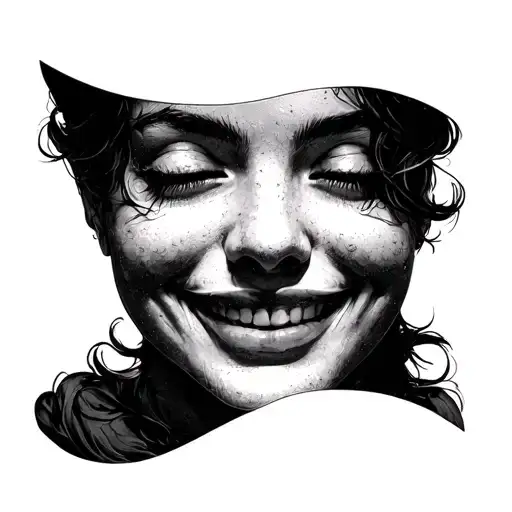 a tattoo of a blurry face, smiling with it's eyes closed, symbolizing de realization, or not feeling real add your own s tattoo design idea