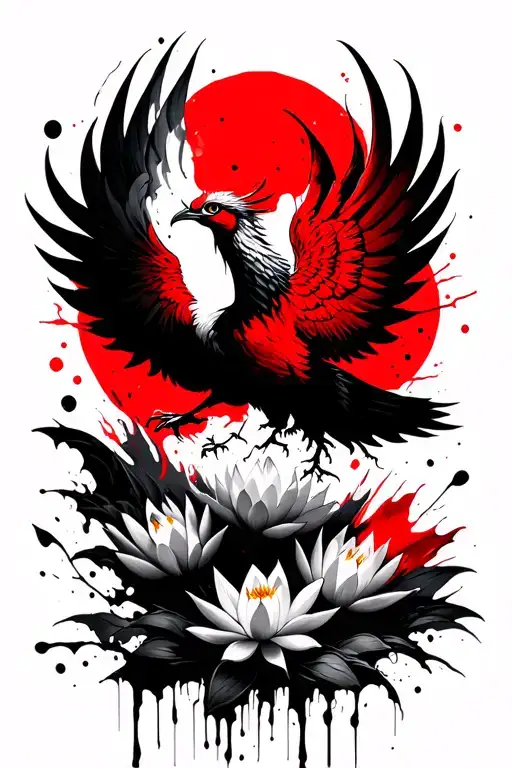 rising phoenix with lotus flowers tattoo design idea
