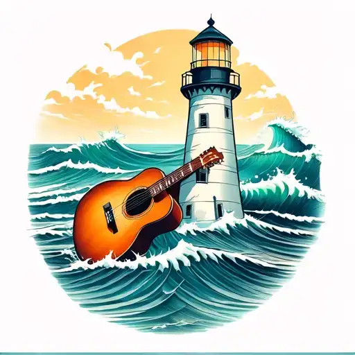 A lighthouse with a guitar leaning against it, set against a backdrop of ocean waves, symbolizing the client's love for music and the sea tattoo design idea