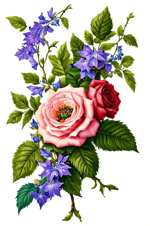 viney floral with hollyhawk, larkspur, climbing roses flowers intertwined with green plants tattoo design idea