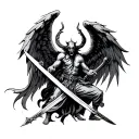 angel and demon fighting with swords crossed tattoo design idea