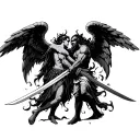 angel and demon fighting with swords crossed tattoo design idea