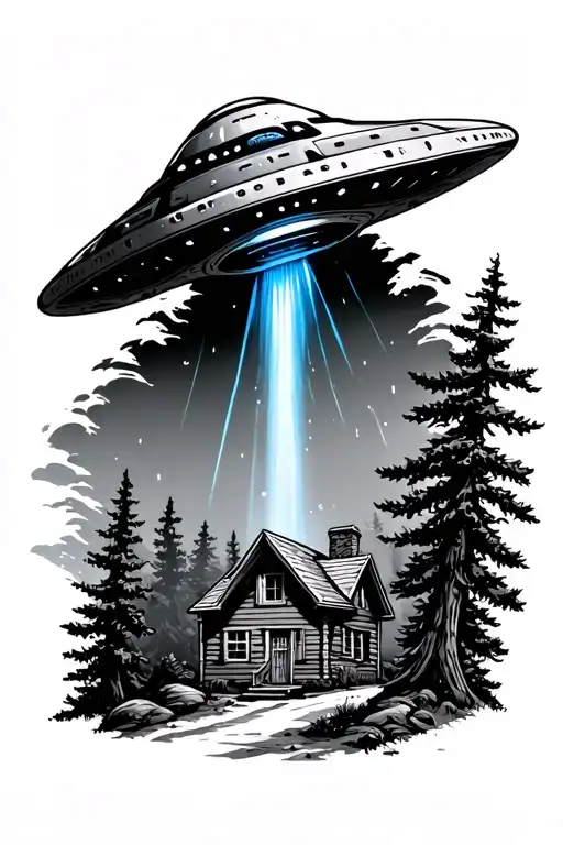 ufo with blue beam over a cabin in the woods tattoo design idea