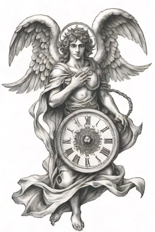 tattoo for men of an angel holding a pendulum with a heart in the center tattoo design idea