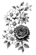 vine of flowers with a daffodil,cosmos,dahlia,rose,gardenia,peonyrose,sweetpea,lily,waterlily,snowdrop,carnation,rose tattoo design idea