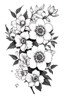 vine of flowers with a daffodil,cosmos,dahlia,rose,gardenia,peonyrose,sweetpea,lily,waterlily,snowdrop,carnation,rose tattoo design idea