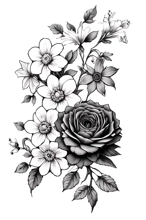 vine of flowers with a daffodil,cosmos,dahlia,rose,gardenia,peonyrose,sweetpea,lily,waterlily,snowdrop,carnation,rose tattoo design idea