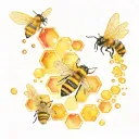 honeycombs with honey drop and bee and wasp and mandarine swarm tattoo design idea