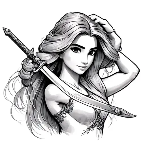 faceless sketch of disneys rapunzel cutting her hair with a sword like Mulan tattoo design idea