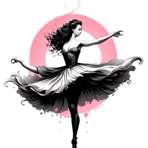 A symbolic black and white tattoo design with a hint of pink depicting a dancer with graceful movements, with flowing li tattoo design idea