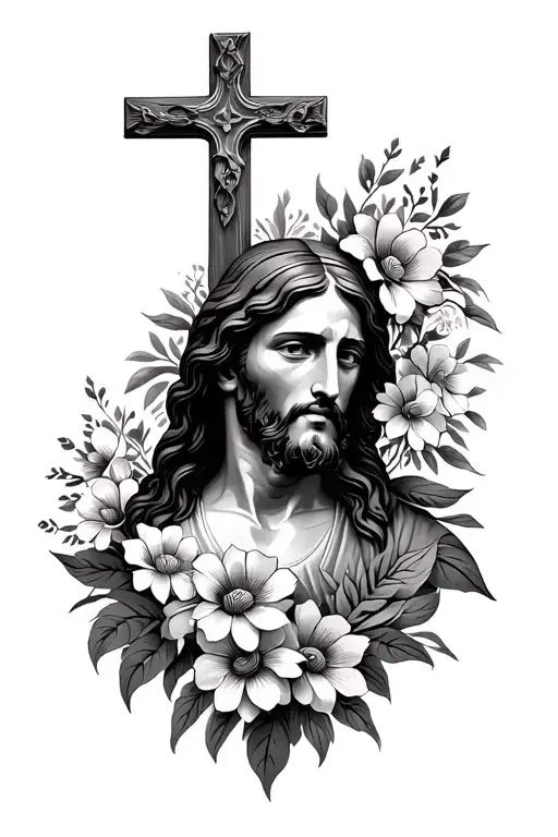no colored cross with flowers and Jesus face surrounded for women  tattoo design idea