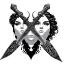 three cascading daggers with reflection of women's face traditonal tattoo design idea