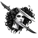 three cascading daggers with reflection of women's face traditonal tattoo design idea