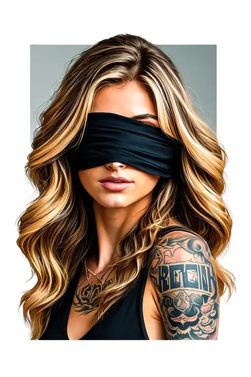 DEA blindfolded real face long blond hair, beautiful woman, tattoo design idea