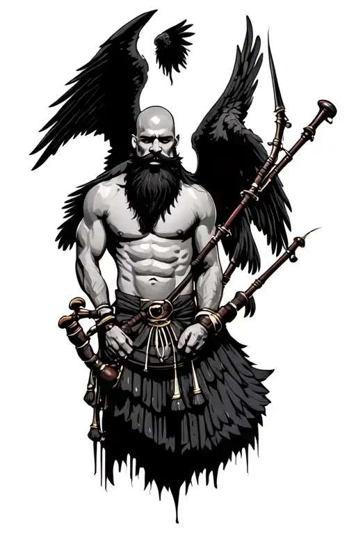 bagpipes in left arm bald shirtless muscular bagpiper black beard with two huge black wings  tattoo design idea
