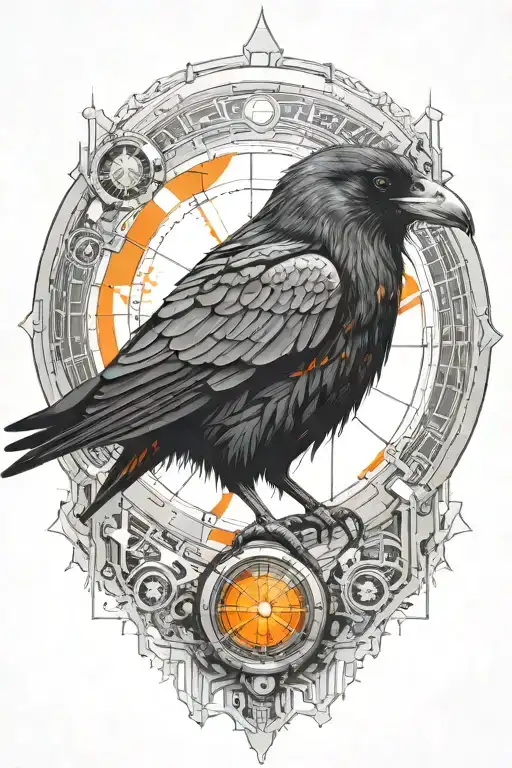cyberpunk synthetic raven with orange robotic eyes inside cyber circle and microschemes high quality watching moon tattoo design idea