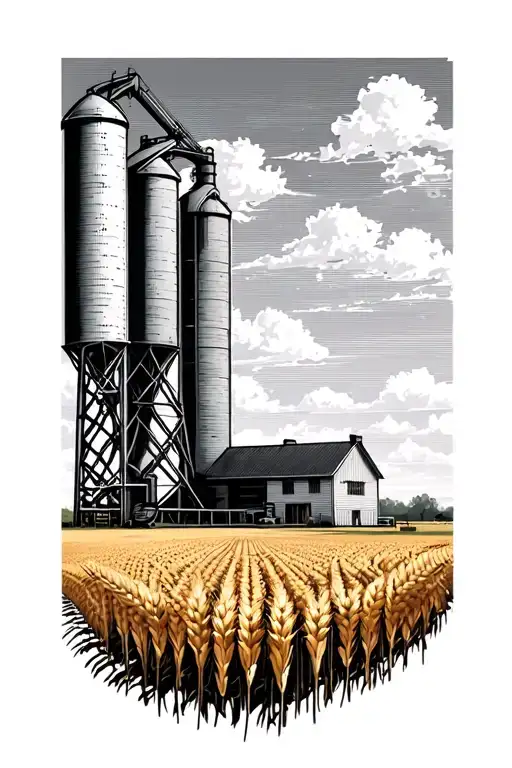 grain elevator annex coming up from a wheat field tattoo design idea