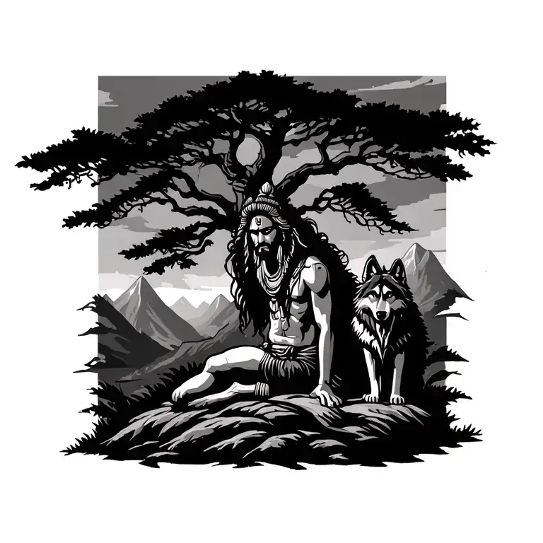 aghori shiva sillouete with tree in backgrounf and wolf sitting on its side and background with mountains tattoo design idea
