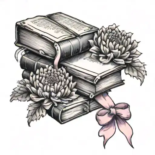 books, violet, chrysanthemum, pink ribbon tattoo design idea