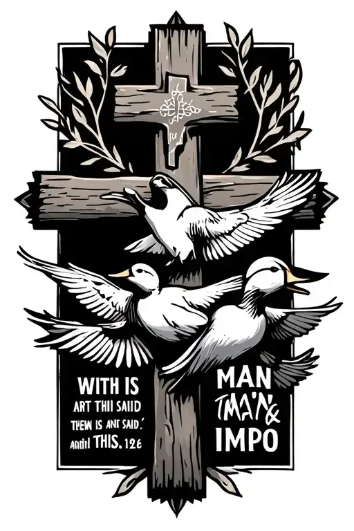 Ratio design with cross, wood ducks and Bible verse Matthew 19:26"Jesus looked at them and said, 'With man this is impo tattoo design idea
