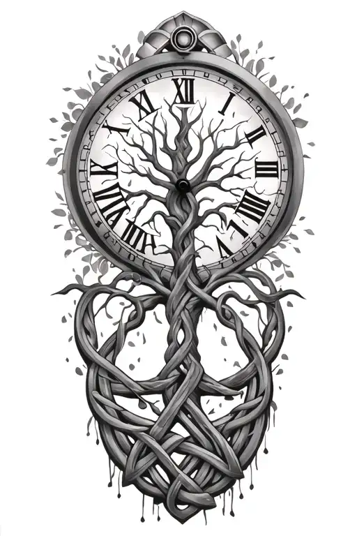 celtic tree of life clock surrounded by celtic knot tattoo design idea