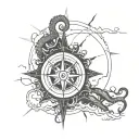 Kraken and Old compass surrounded tattoo design idea