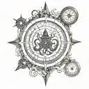 Kraken and Old compass surrounded tattoo design idea