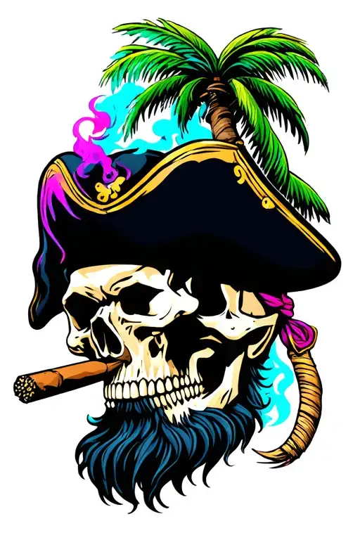 skull with pirate hat with beard smoking a cigar with a palm tree with blue and pink smoke tattoo design idea