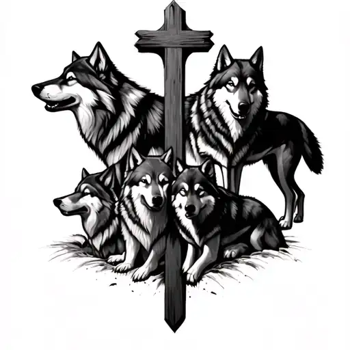 cross with 4 male wolves and 2 female wolves tattoo design idea