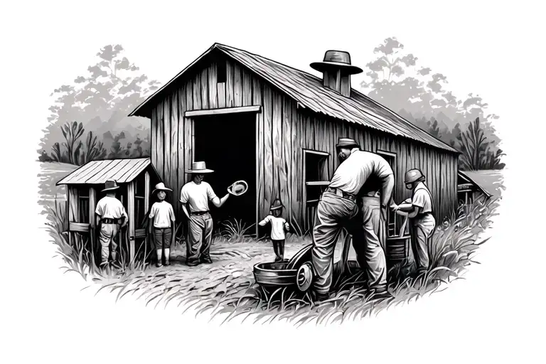 Create a tattoo featuring a hardworking dad surrounded by his family on a farm tattoo design idea