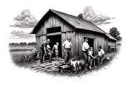 Create a tattoo featuring a hardworking dad surrounded by his family on a farm tattoo design idea