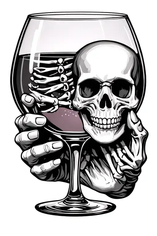 skeleton hand holding stemless wine glass with skull head inside the wine tattoo design idea