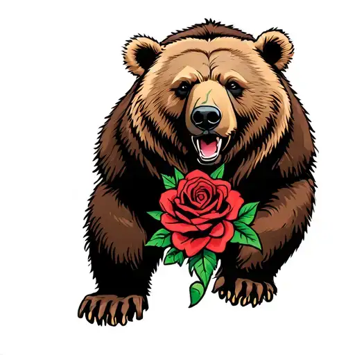 Kodiak Bear with a rose blooming tattoo design idea