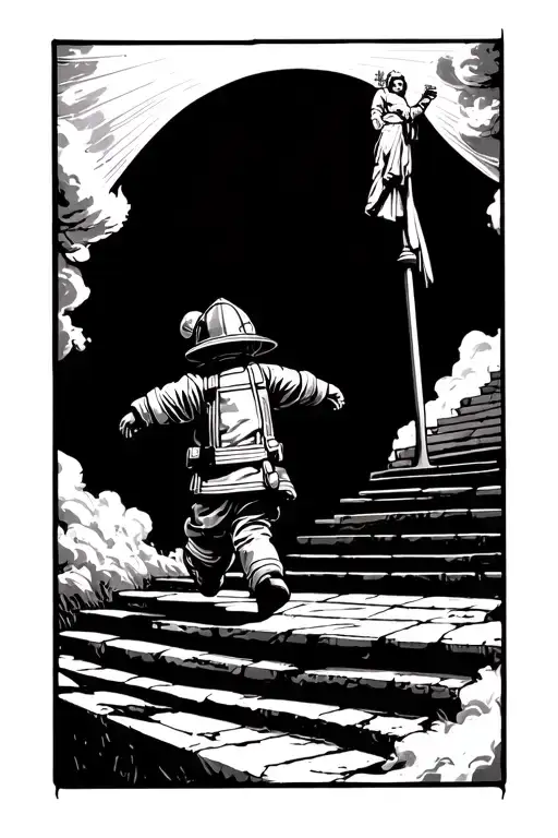 A small child in a firefighter costume, running up a long set of stairs to heaven, with St. Michael and St. Florian tattoo design idea