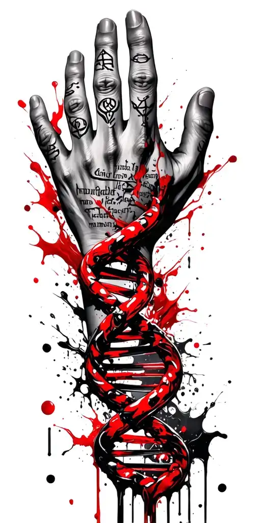 Tattoo, the hand is immersed in the center of the DNA chain, instead of the nucleotides of the chain rune inscription. DNA chains envelop a hand tattoo design idea