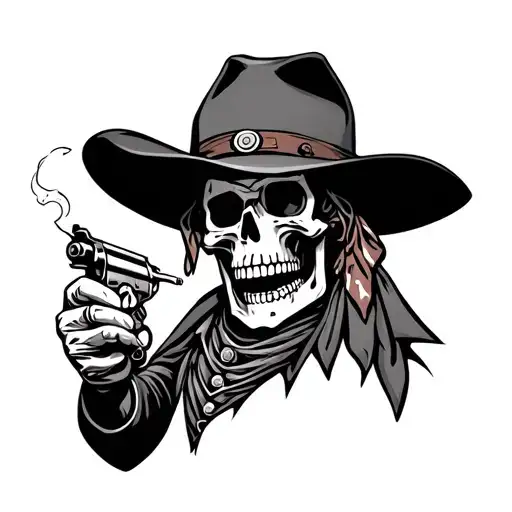skeleton cowboy with bandana and hat smoking cigarette with a revolver pistol tattoo design idea