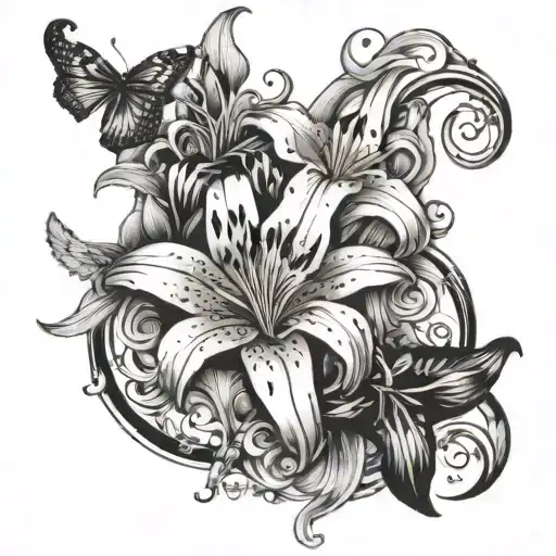 script writing "gorgeous and i mean it" with tiger lilies around it tattoo design idea