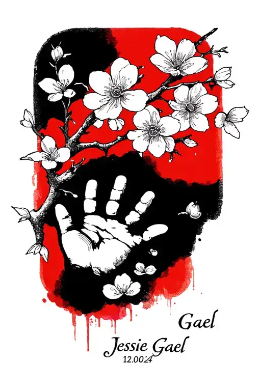 "Jessie Gael 12.06.24 " black and white baby hand print with a few cherry blossom branch tattoo design idea