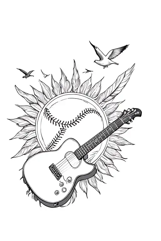 guitar with feathers, birds flying around, sun in the background with baseball stitchings inside the sun tattoo design idea