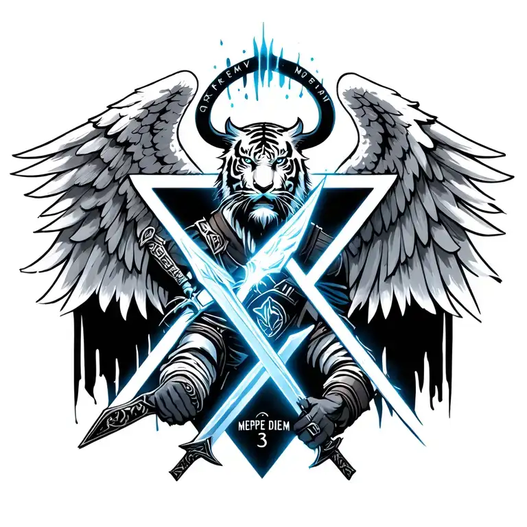 spartan, Angel, demon, wings, triangle, blue, carpe diem, memento morí, warrior, sword, 3, tiger white, warrior, lighing tattoo design idea
