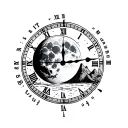 moon or a planet inside a time dial, words let it be, beach, mountain, lost  man standing, less black ink minimal tattoo tattoo design idea