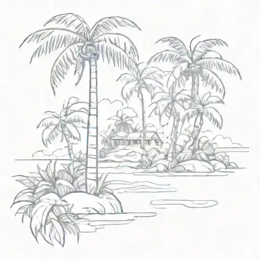 A sketch of a tropical island with flamboyant trees swaying in the breeze tattoo design idea