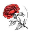 A Feather bending round the stem of a red carnation flower tattoo design idea